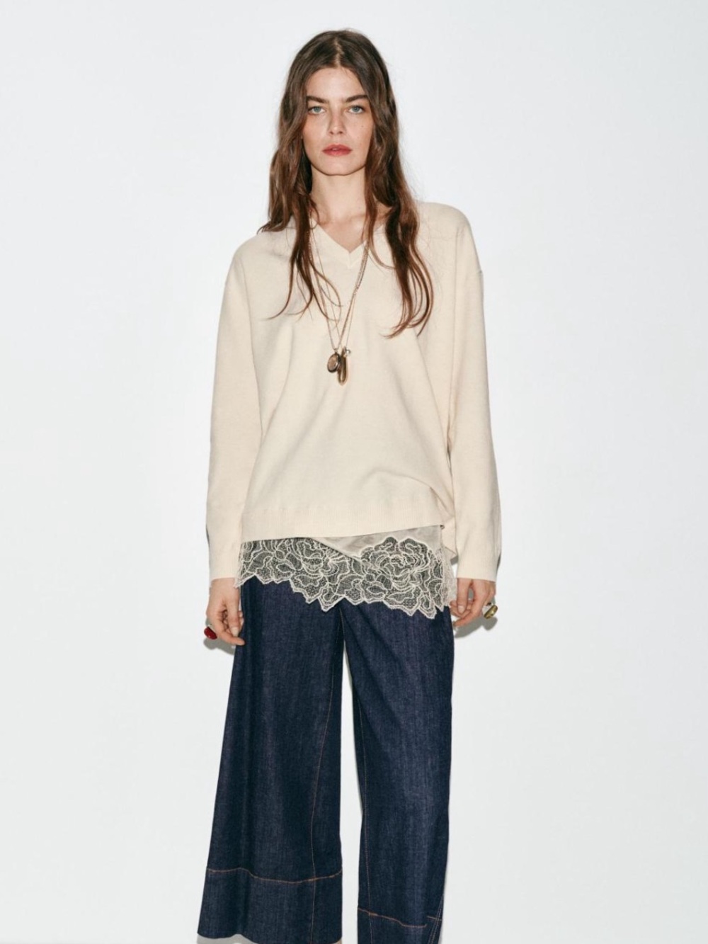 Zara Cream V-Neck Sweater with Lace Hem